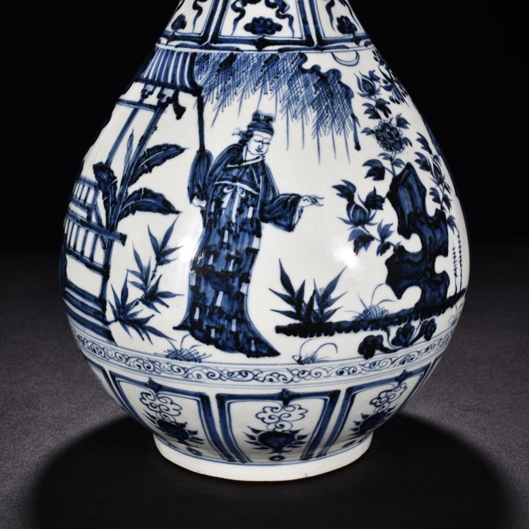 Yuan Dynasty blue and white jade pot spring vase with characters and stories