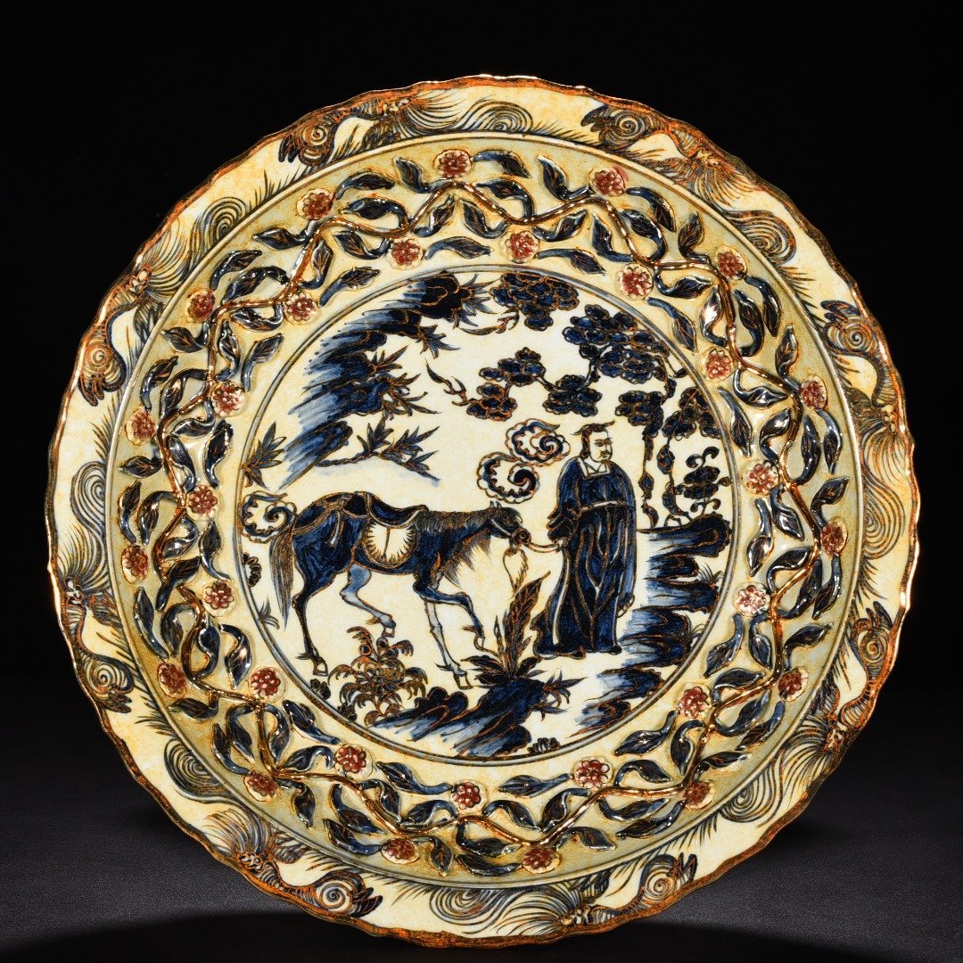 Yuan Dynasty blue and white underglaze red gold-plated pattern rhombus-edge folding plate
