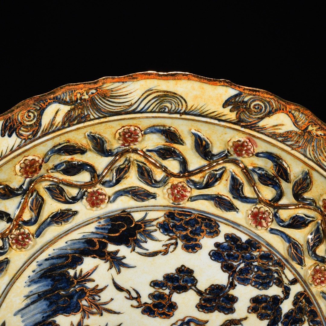 Yuan Dynasty blue and white underglaze red gold-plated pattern rhombus-edge folding plate