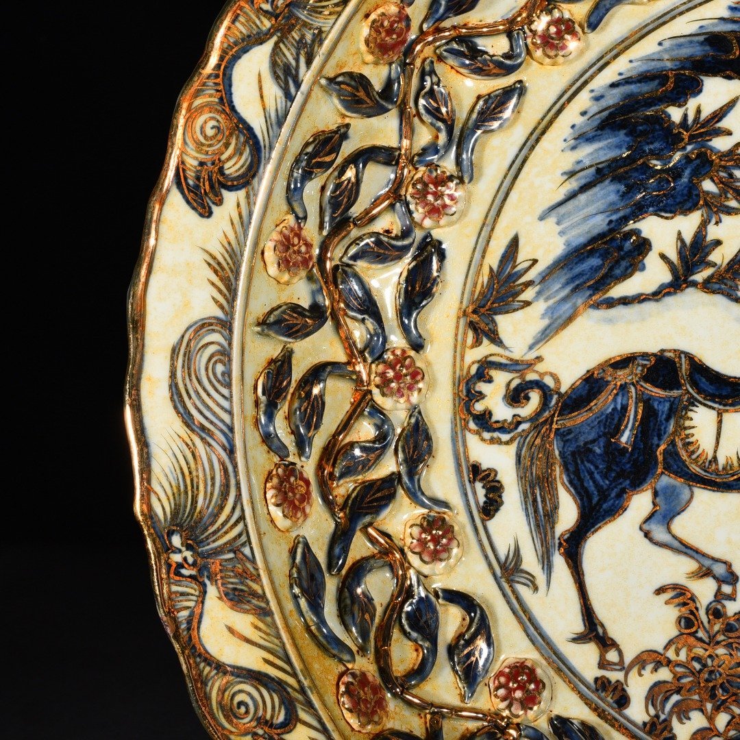 Yuan Dynasty blue and white underglaze red gold-plated pattern rhombus-edge folding plate