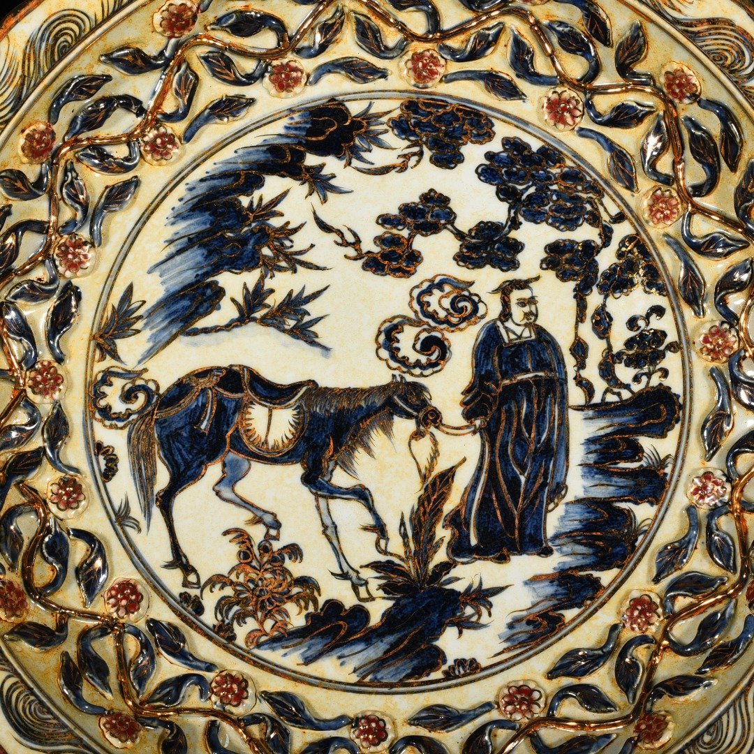 Yuan Dynasty blue and white underglaze red gold-plated pattern rhombus-edge folding plate