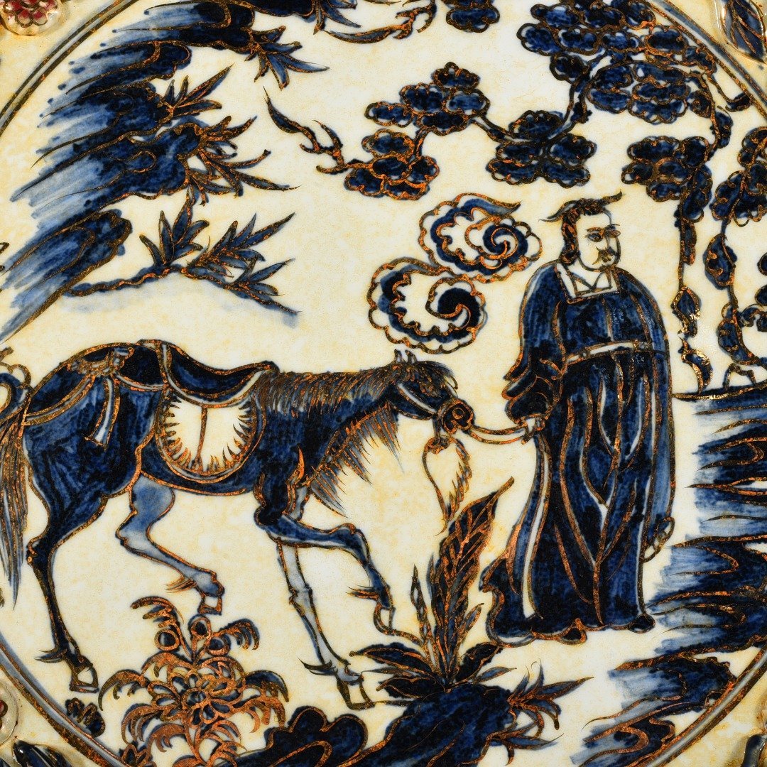 Yuan Dynasty blue and white underglaze red gold-plated pattern rhombus-edge folding plate