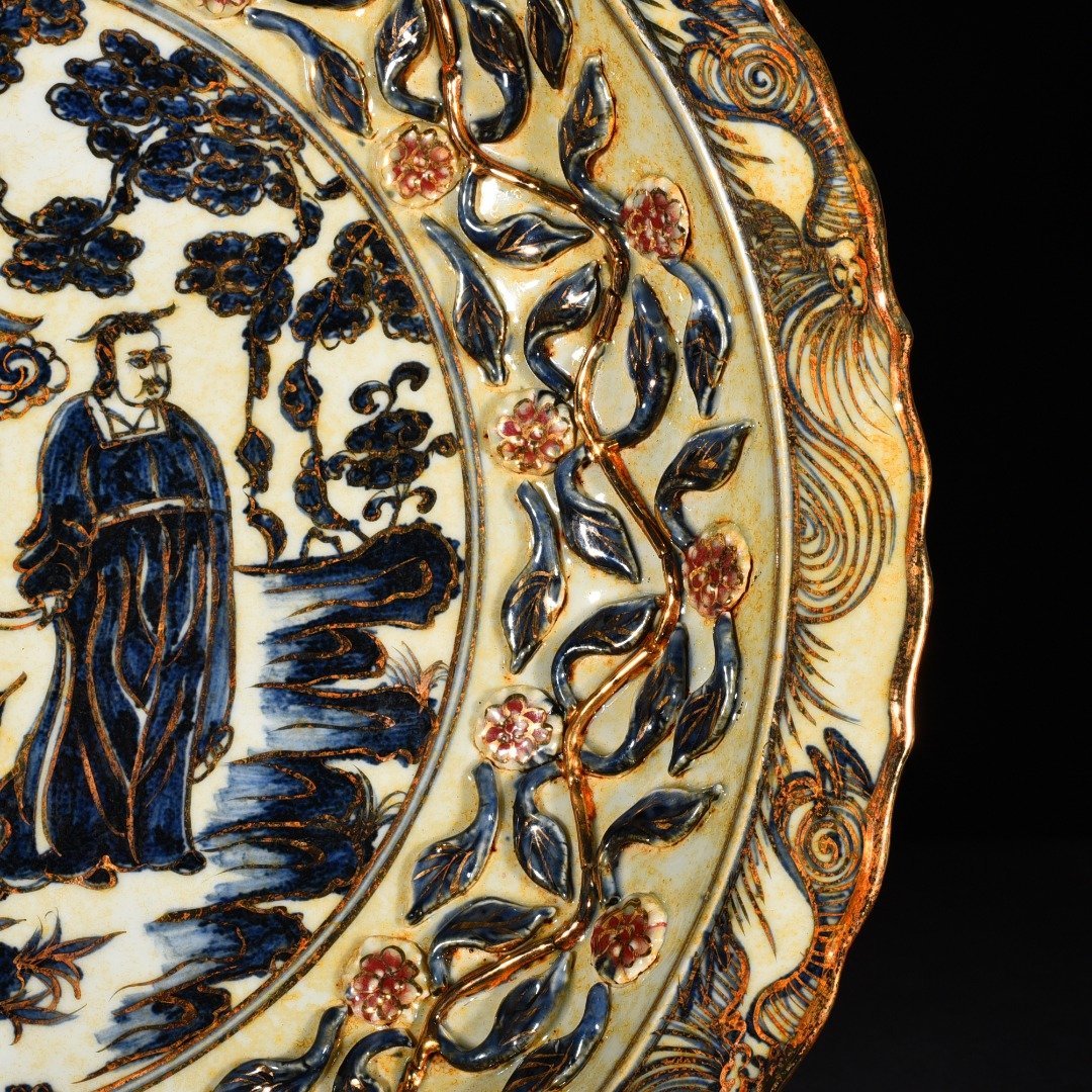 Yuan Dynasty blue and white underglaze red gold-plated pattern rhombus-edge folding plate