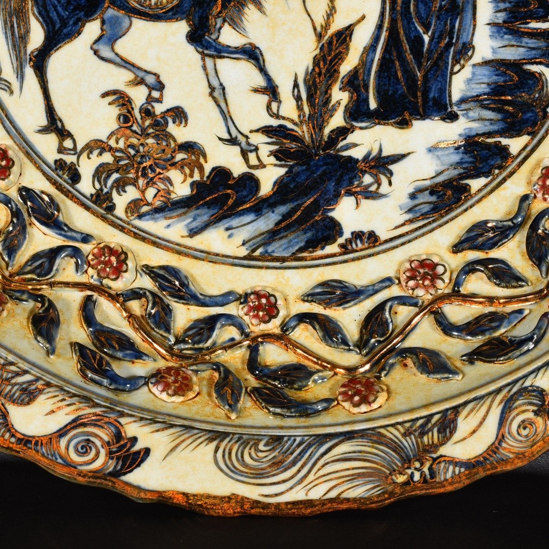 Yuan Dynasty blue and white underglaze red gold-plated pattern rhombus-edge folding plate