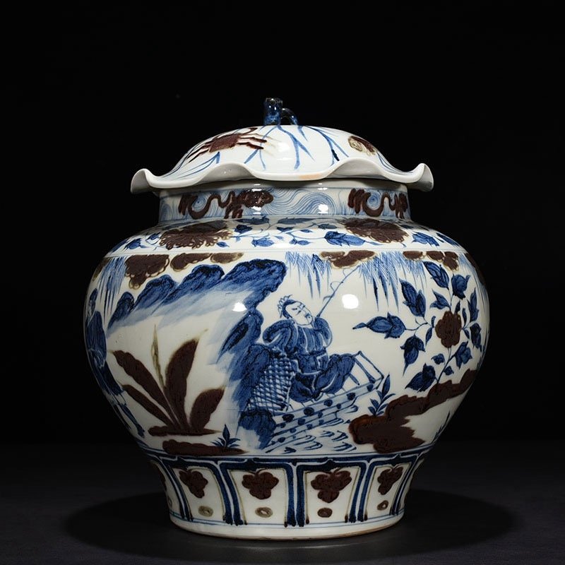 Yuan Dynasty blue and white underglaze red lotus leaf jar
