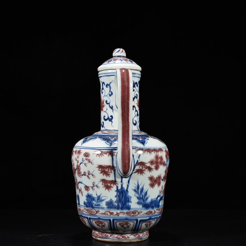 Yuan Dynasty blue and white underglaze red pine bamboo and plum pattern ewer