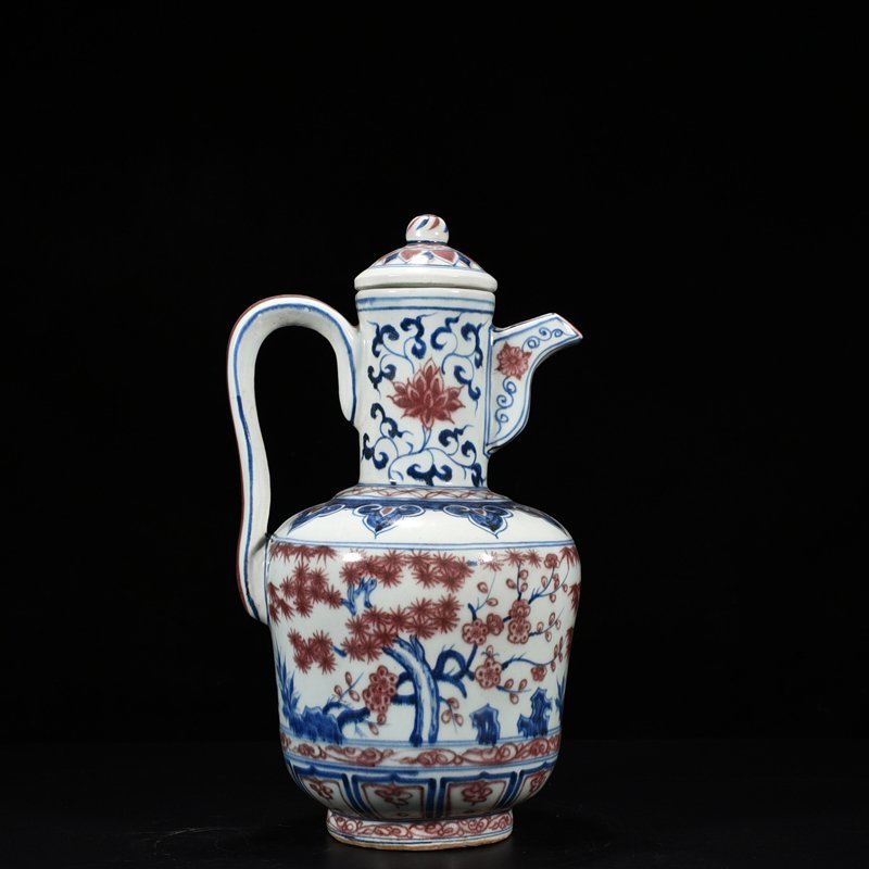 Yuan Dynasty blue and white underglaze red pine bamboo and plum pattern ewer