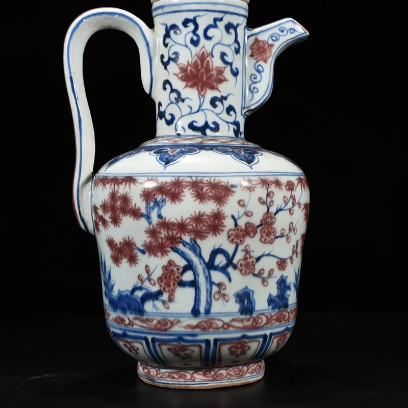 Yuan Dynasty blue and white underglaze red pine bamboo and plum pattern ewer