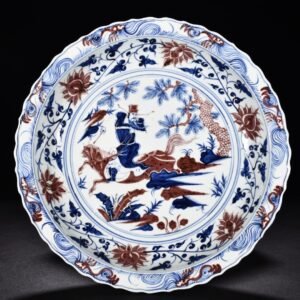 Yuan Dynasty blue and white underglaze red and white rhombus fold edge plate