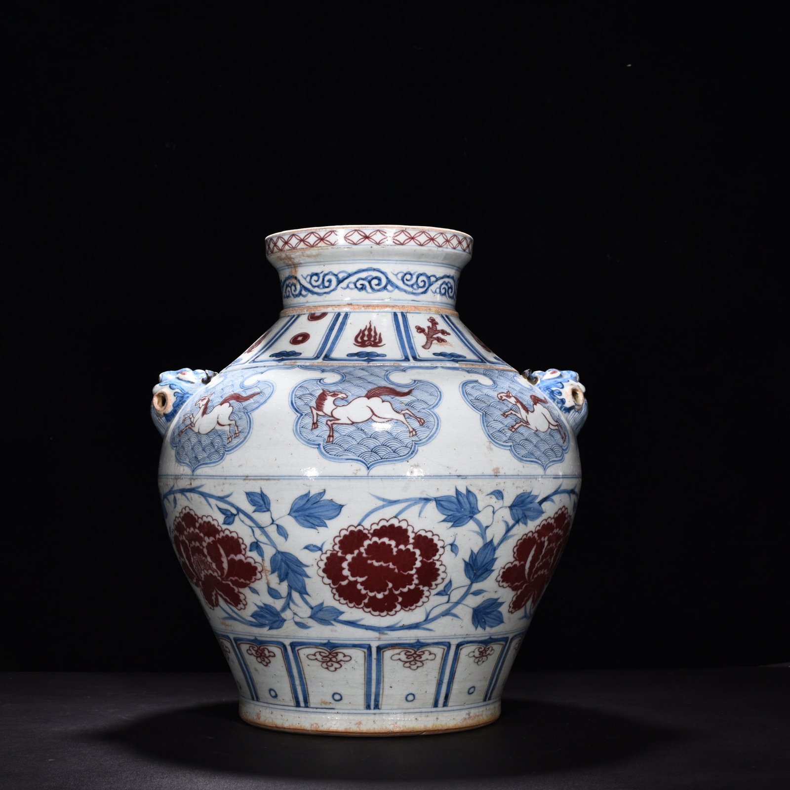 Yuan Dynasty blue and white underglaze red tiger head jar