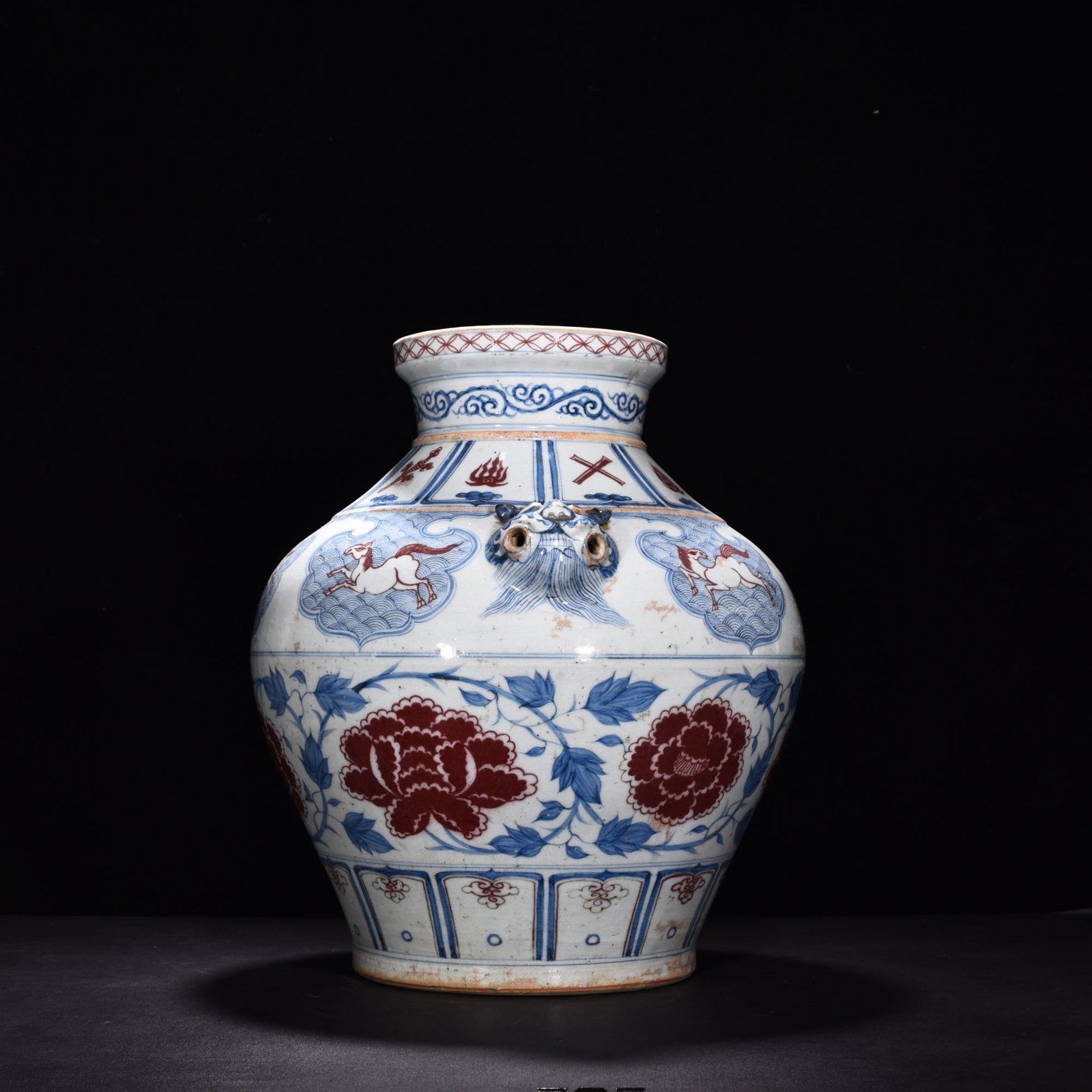 Yuan Dynasty blue and white underglaze red tiger head jar
