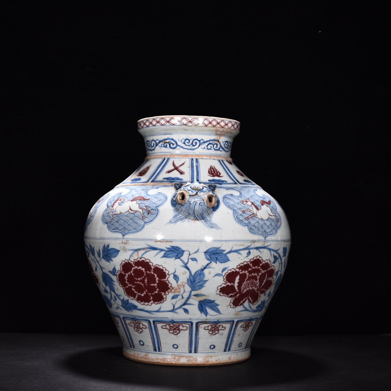 Yuan Dynasty blue and white underglaze red tiger head jar