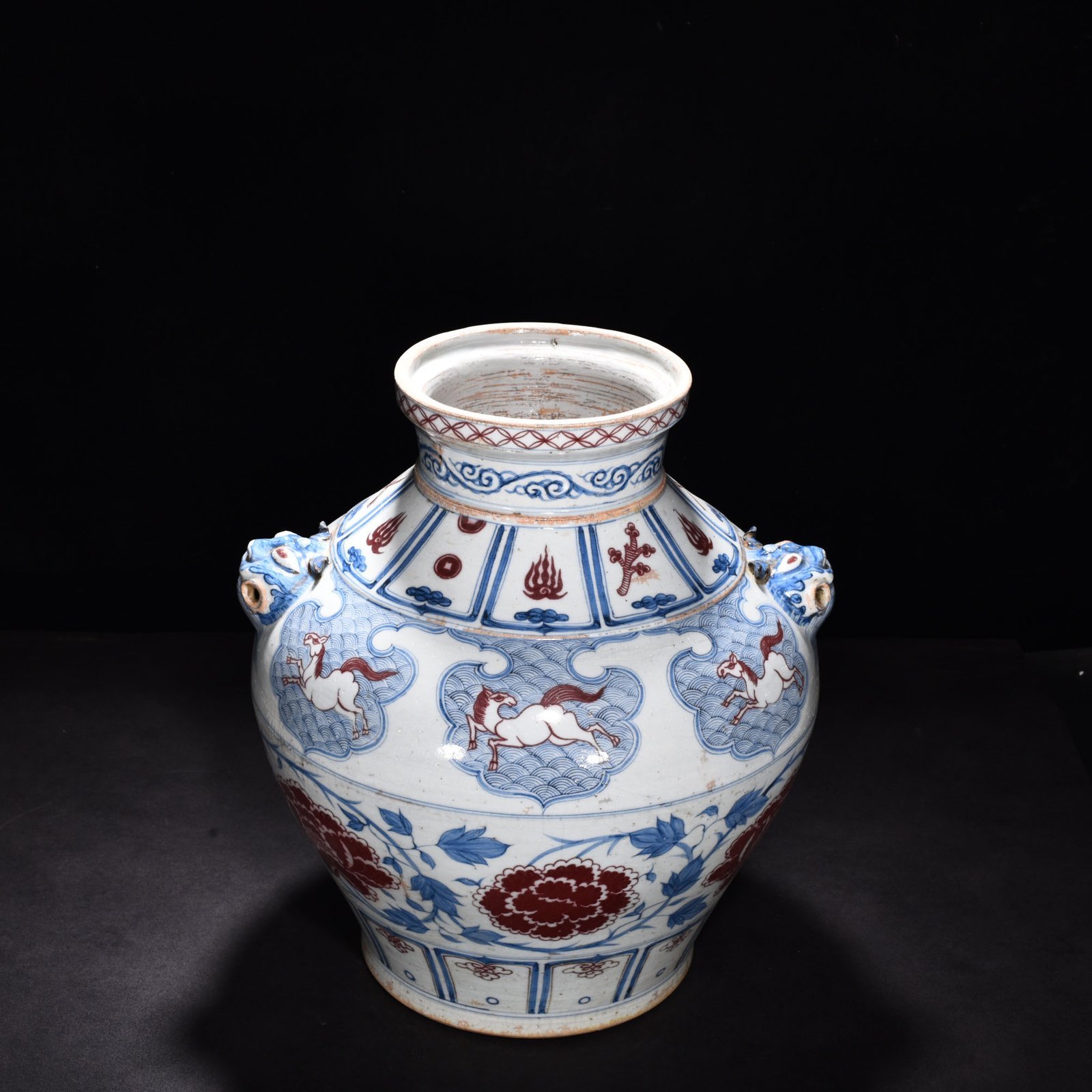 Yuan Dynasty blue and white underglaze red tiger head jar
