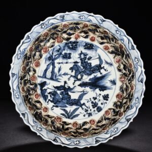 Yuan Dynasty blue and white underglaze red stenciled flower edge folding plate