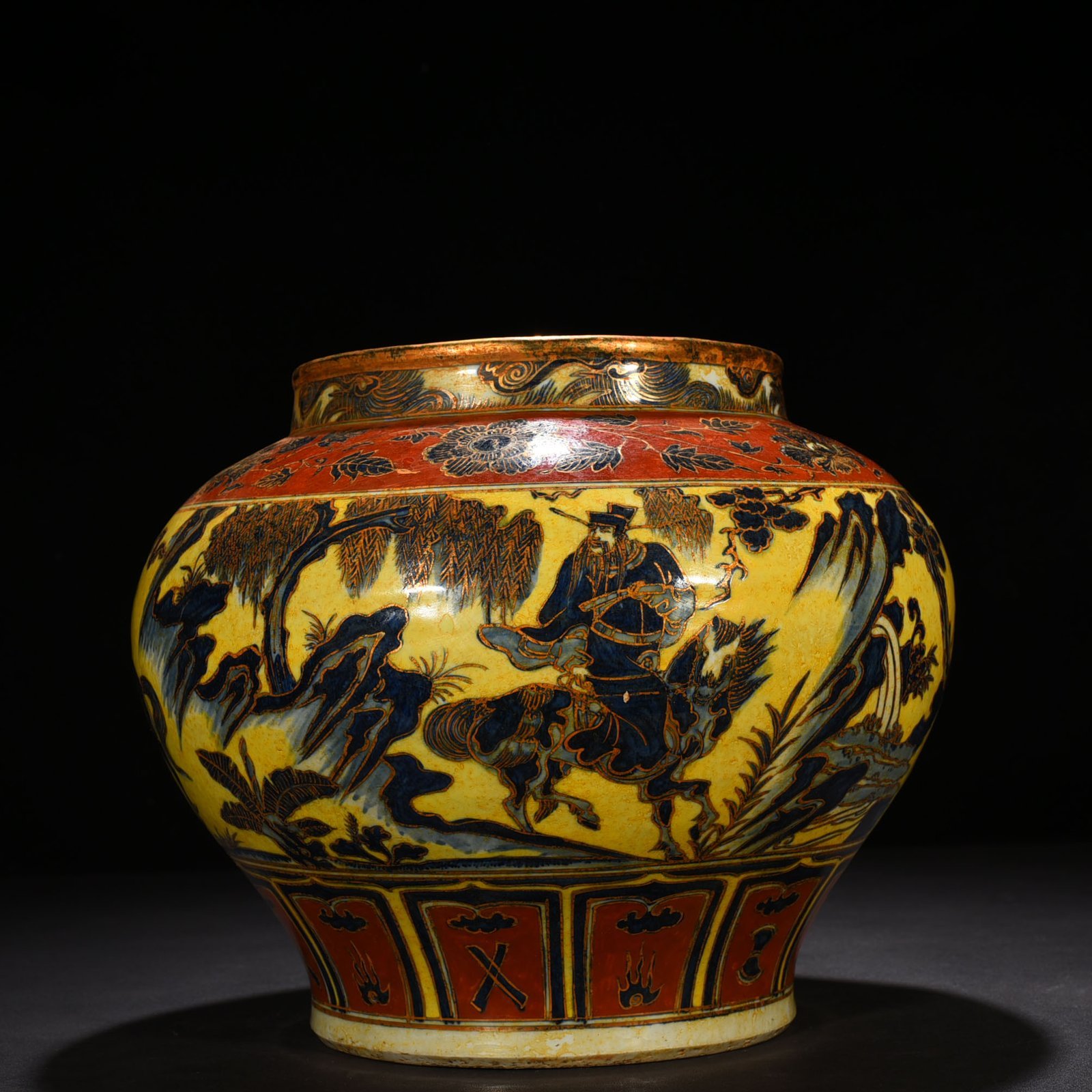 Yuan Dynasty ground blue and white painted gold jar