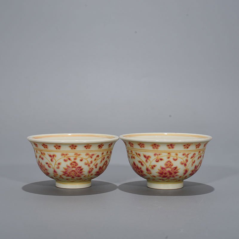 Ming Dynasty Yongle red color painted gold wrapped branch flower pattern pressed hand cup