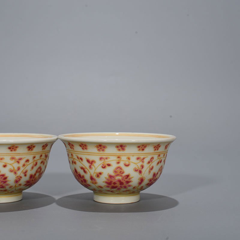 Ming Dynasty Yongle red color painted gold wrapped branch flower pattern pressed hand cup