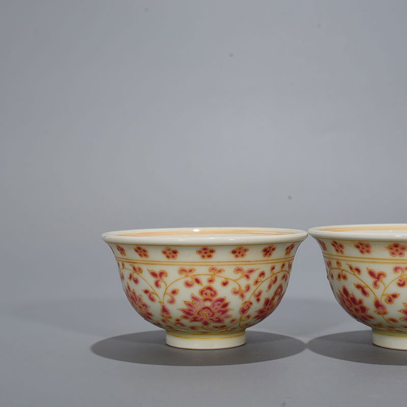 Ming Dynasty Yongle red color painted gold wrapped branch flower pattern pressed hand cup