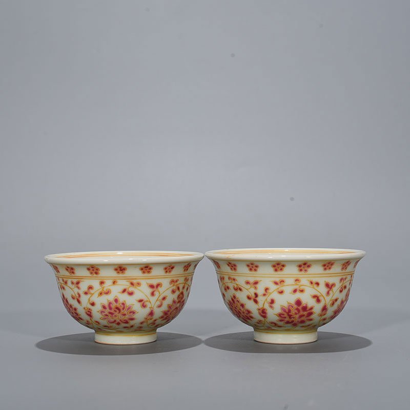 Ming Dynasty Yongle red color painted gold wrapped branch flower pattern pressed hand cup
