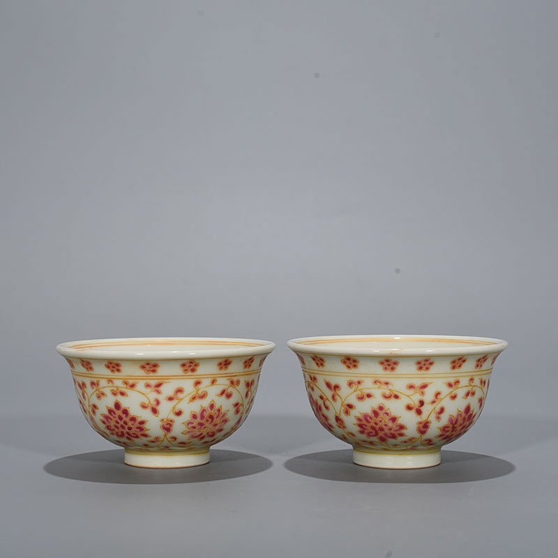 Ming Dynasty Yongle red color painted gold wrapped branch flower pattern pressed hand cup
