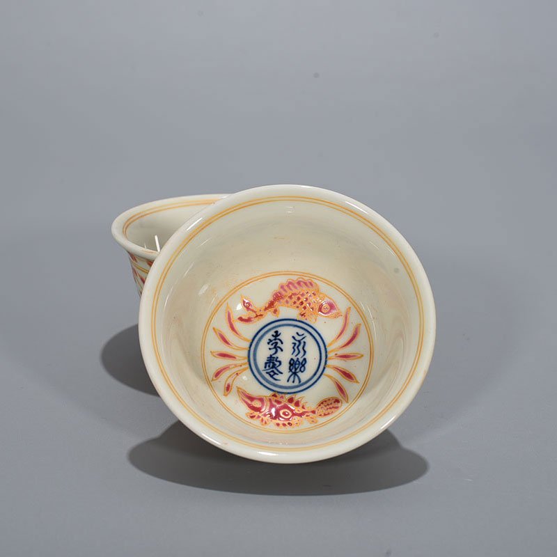 Ming Dynasty Yongle red color painted gold wrapped branch flower pattern pressed hand cup