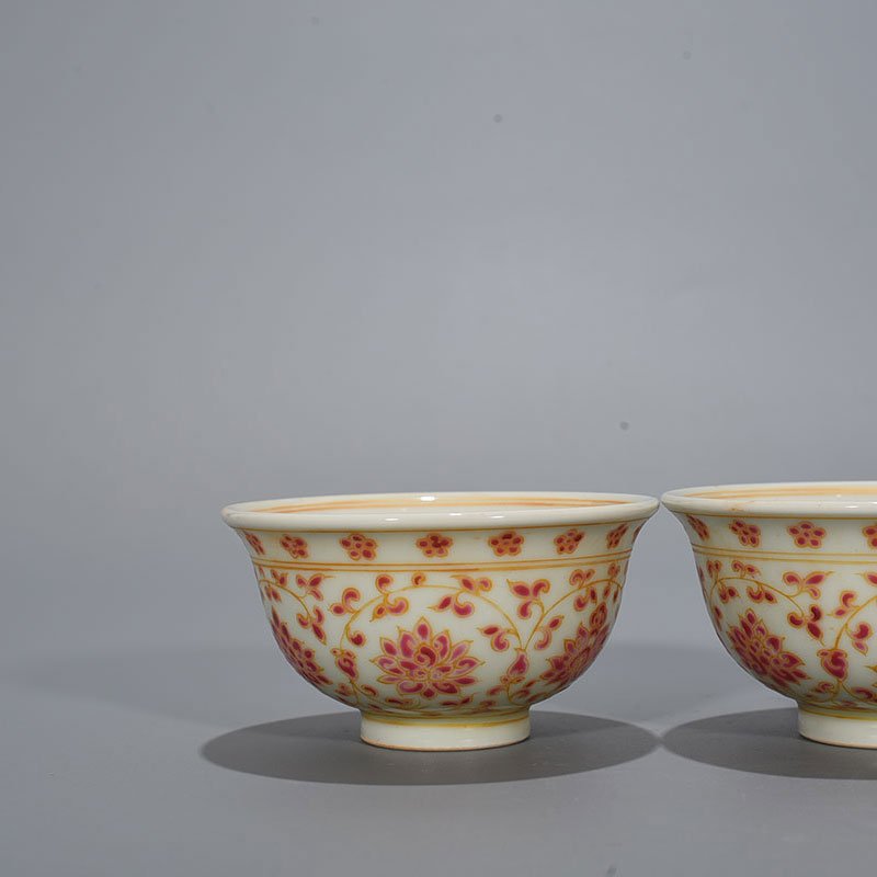 Ming Dynasty Yongle red color painted gold wrapped branch flower pattern pressed hand cup