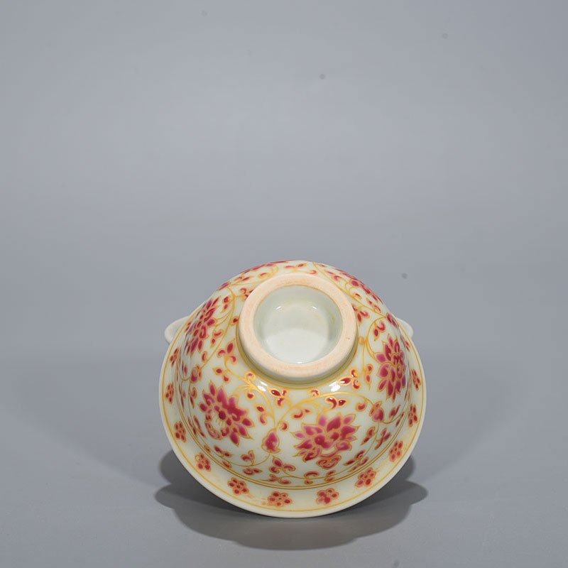 Ming Dynasty Yongle red color painted gold wrapped branch flower pattern pressed hand cup