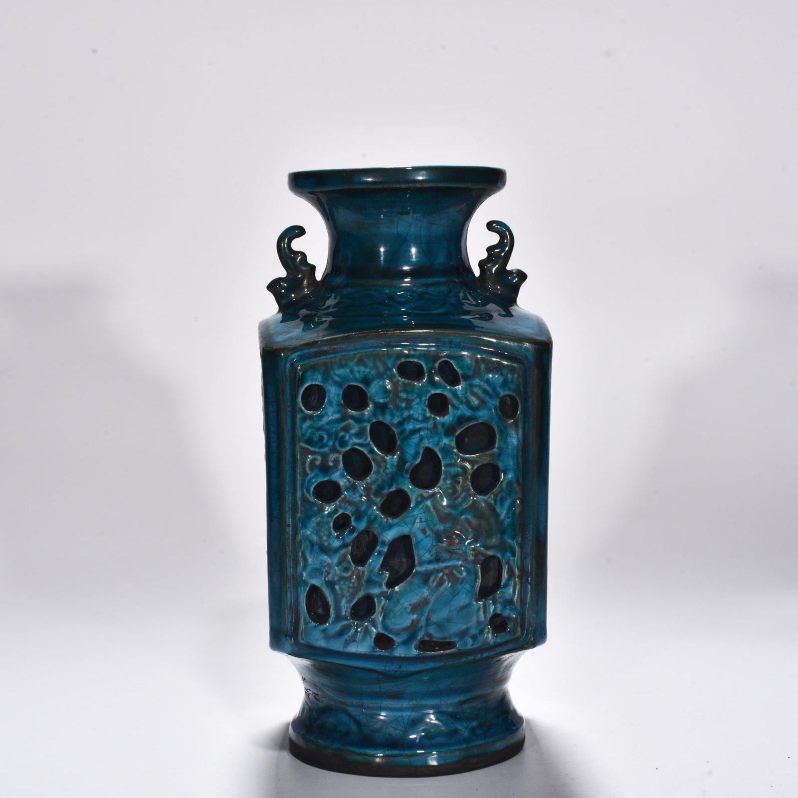 Qing Dynasty Qianlong Dazhou Chai Porcelain Peacock Blue Glaze Square Vase with Hollow Figure