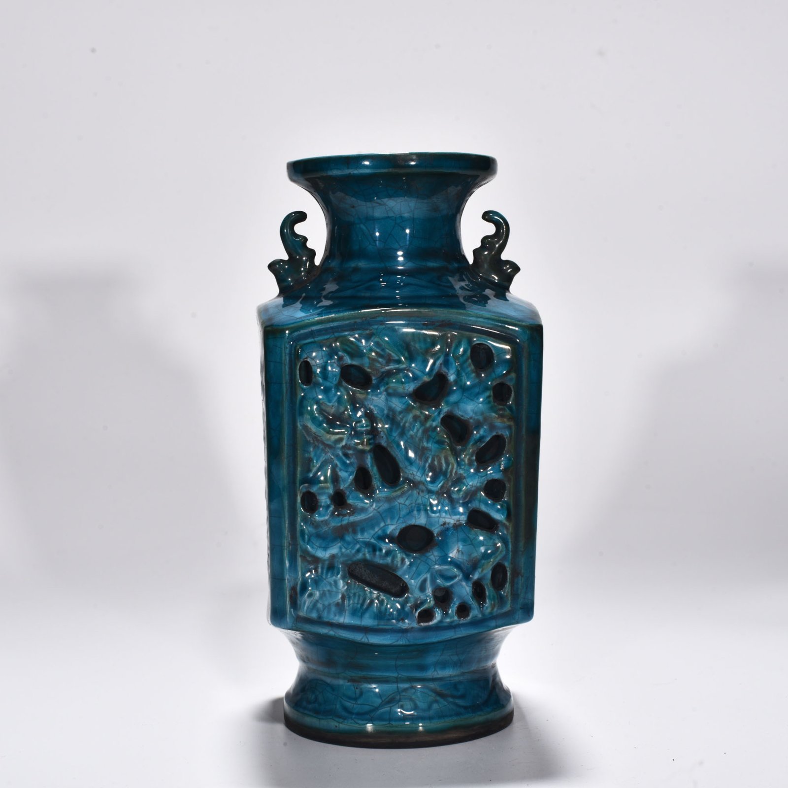 Qing Dynasty Qianlong Dazhou Chai Porcelain Peacock Blue Glaze Square Vase with Hollow Figure