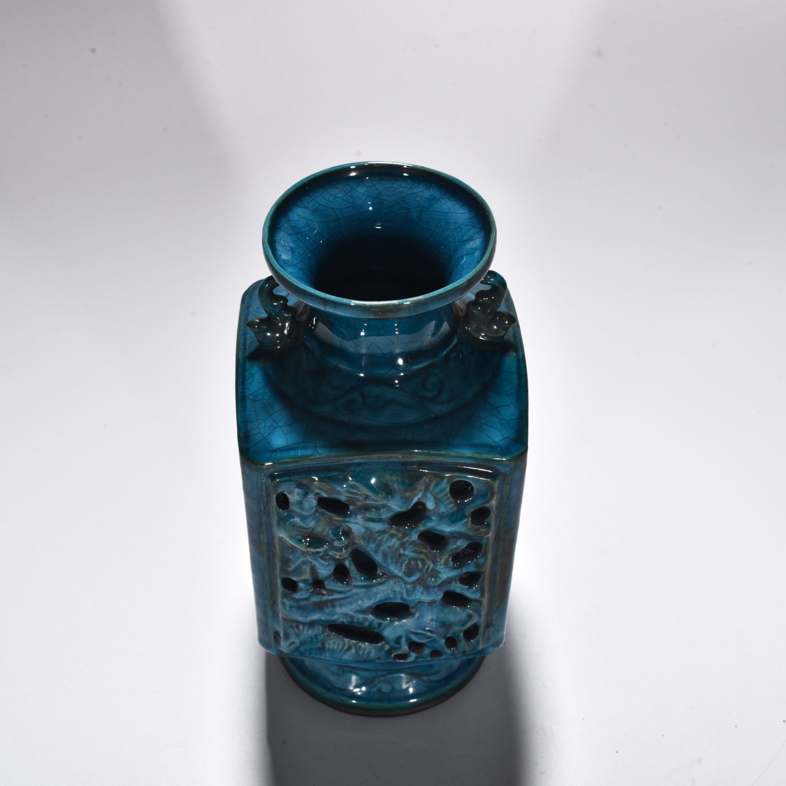Qing Dynasty Qianlong Dazhou Chai Porcelain Peacock Blue Glaze Square Vase with Hollow Figure