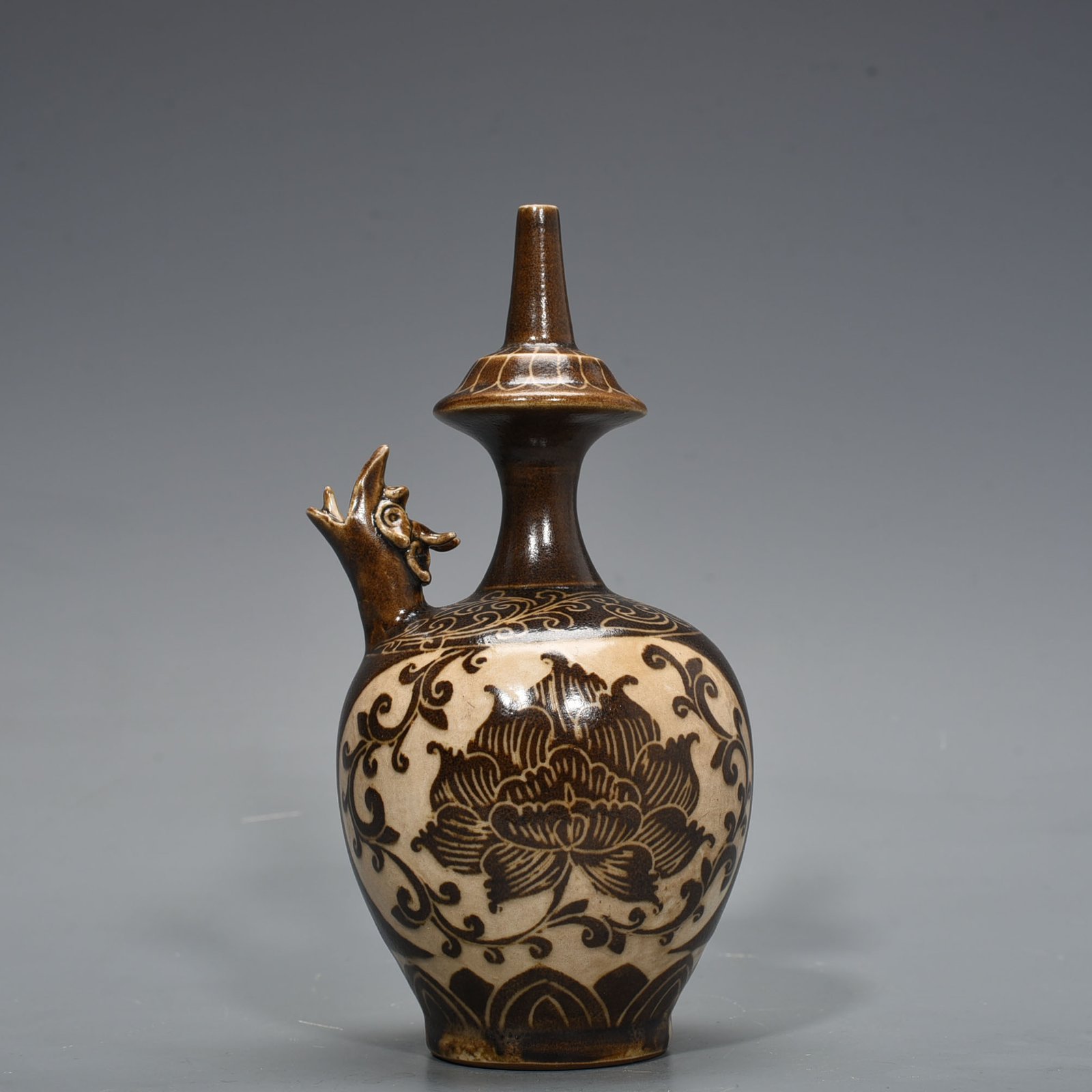 Song Dynasty Ding Kiln East Palace Model Brown Color Carved Lotus Pattern Military Holder