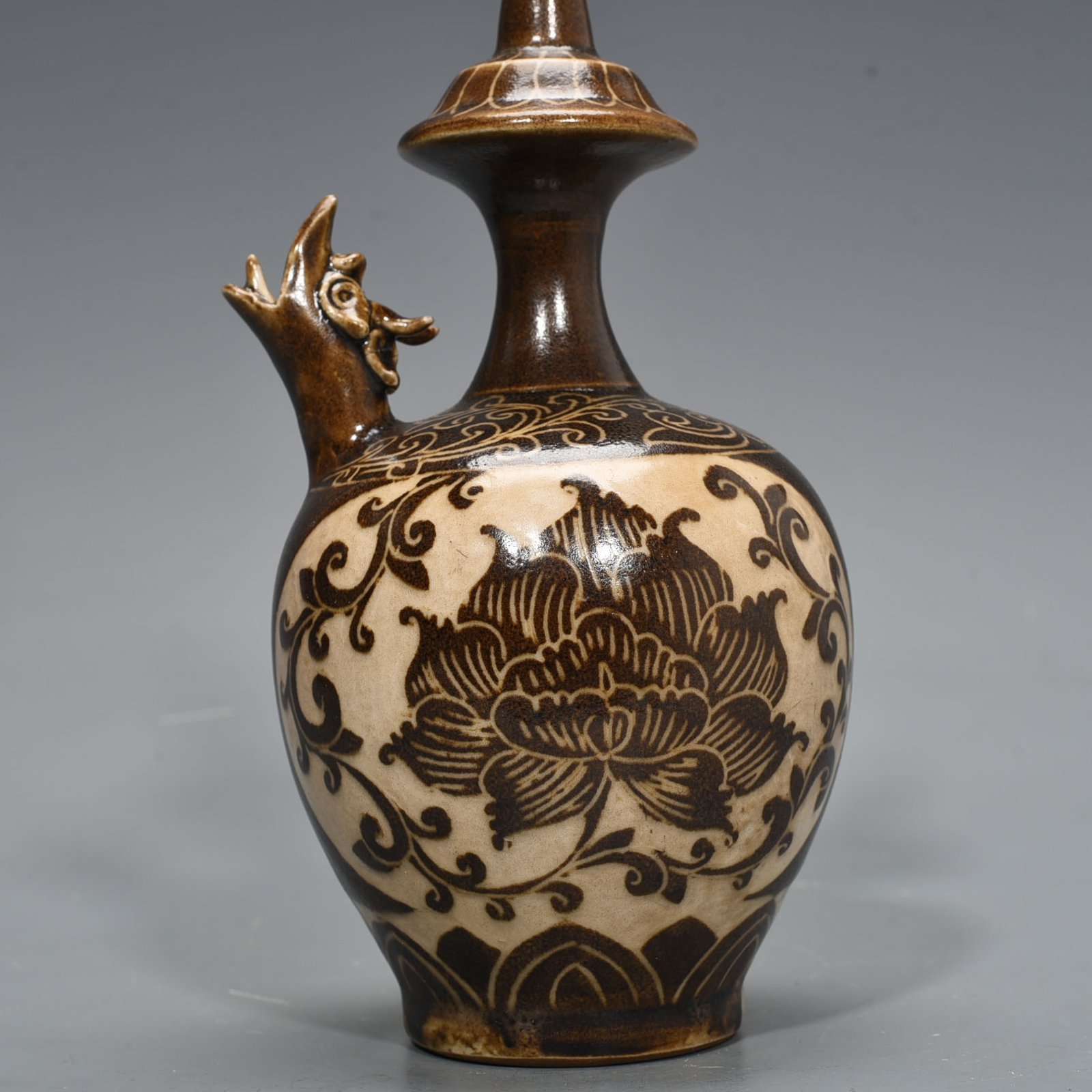 Song Dynasty Ding Kiln East Palace Model Brown Color Carved Lotus Pattern Military Holder
