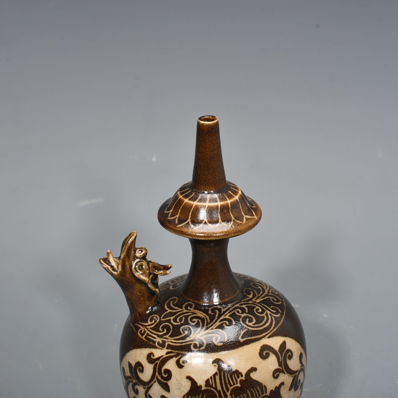 Song Dynasty Ding Kiln East Palace Model Brown Color Carved Lotus Pattern Military Holder