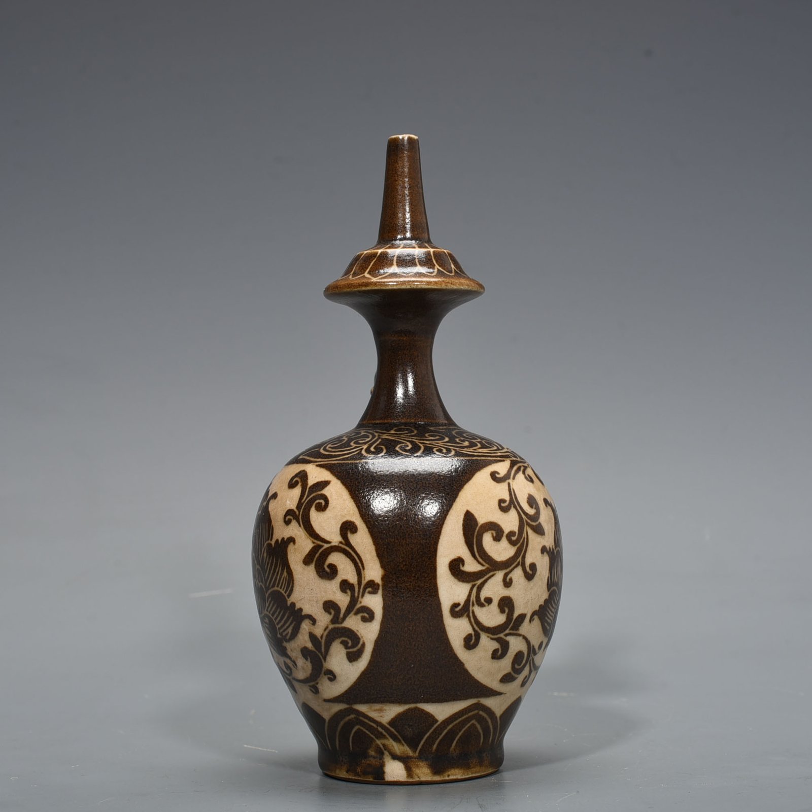 Song Dynasty Ding Kiln East Palace Model Brown Color Carved Lotus Pattern Military Holder