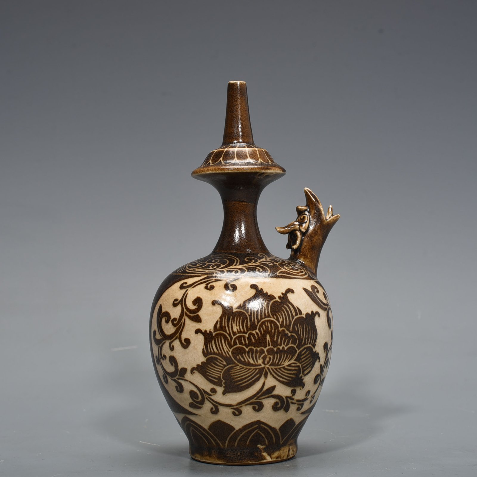 Song Dynasty Ding Kiln East Palace Model Brown Color Carved Lotus Pattern Military Holder