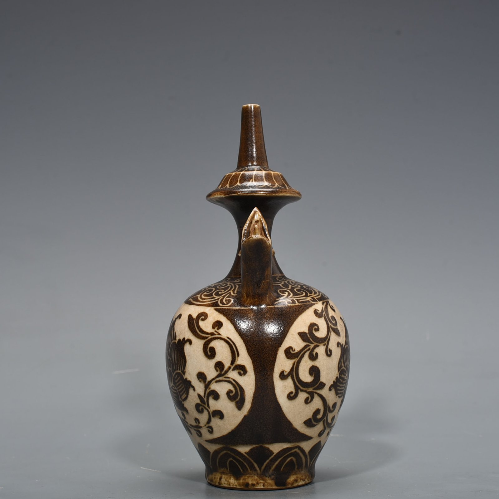 Song Dynasty Ding Kiln East Palace Model Brown Color Carved Lotus Pattern Military Holder