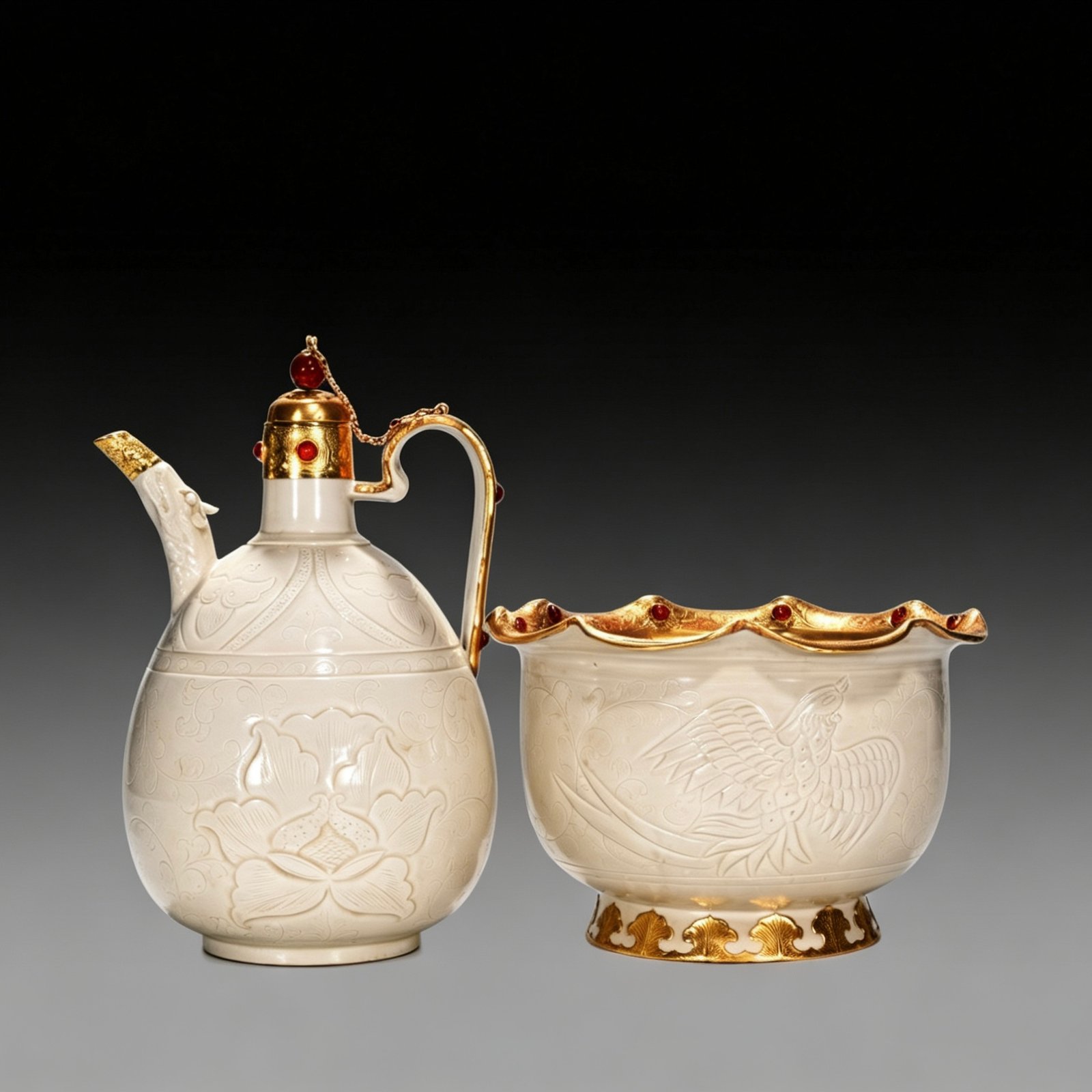 Song Dynasty Ding kiln white porcelain engraved phoenix ewer