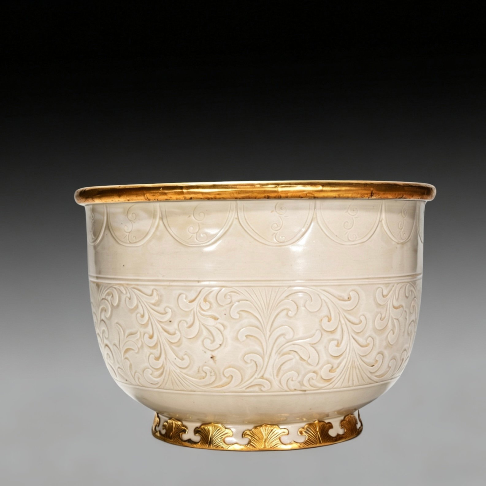 Song Dynasty Ding kiln white porcelain engraved curly grass and flower pattern set of pots