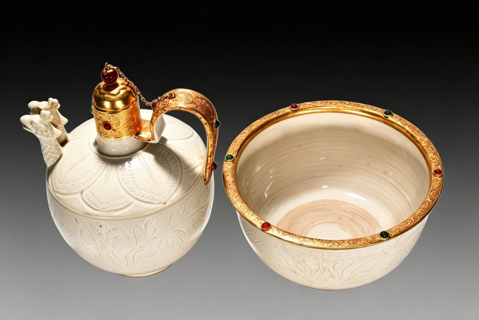 Song Dynasty Ding kiln white porcelain engraved with floral pattern and eagle first set of pots