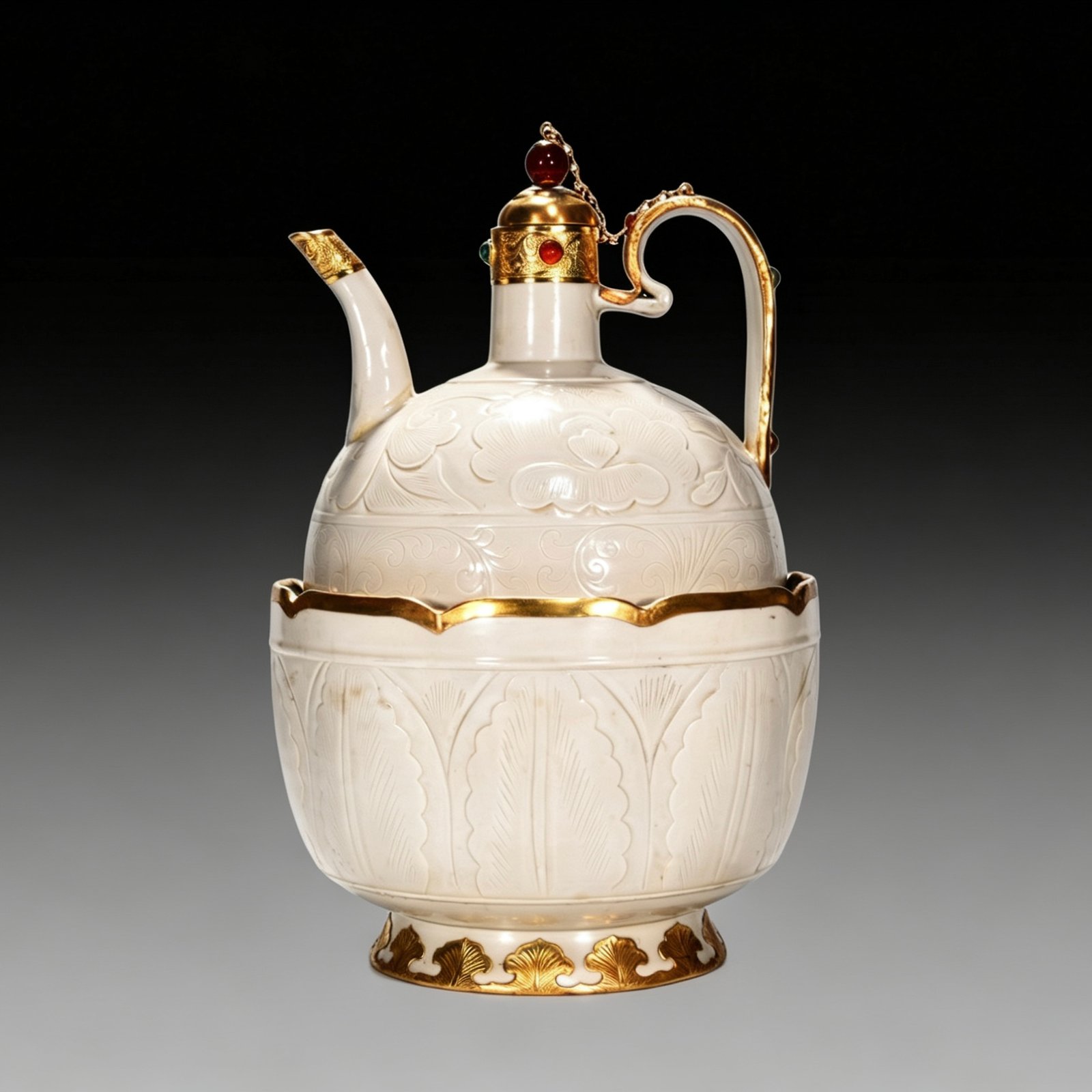 Song Dynasty Ding kiln white porcelain pot set with banana leaf pattern