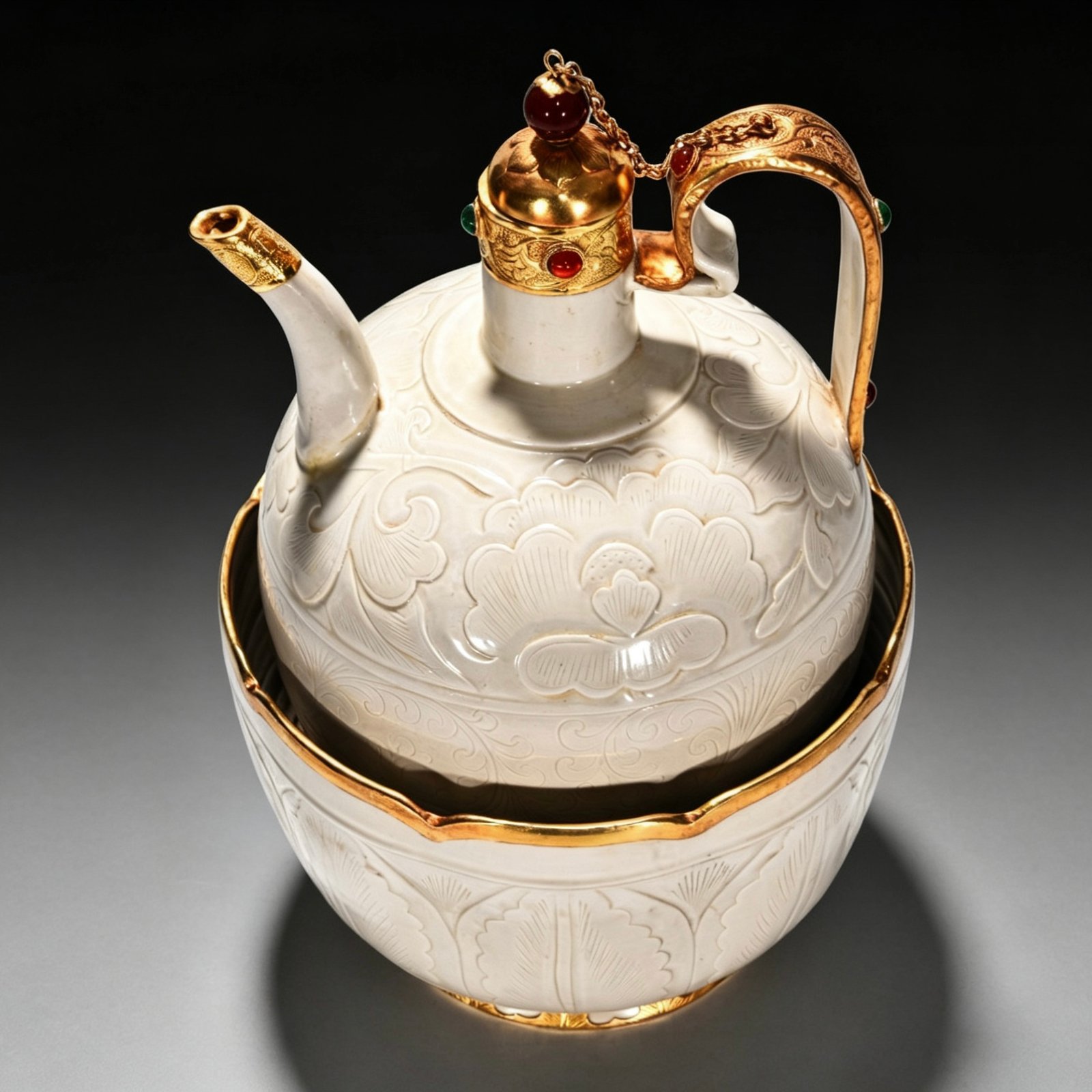 Song Dynasty Ding kiln white porcelain pot set with banana leaf pattern