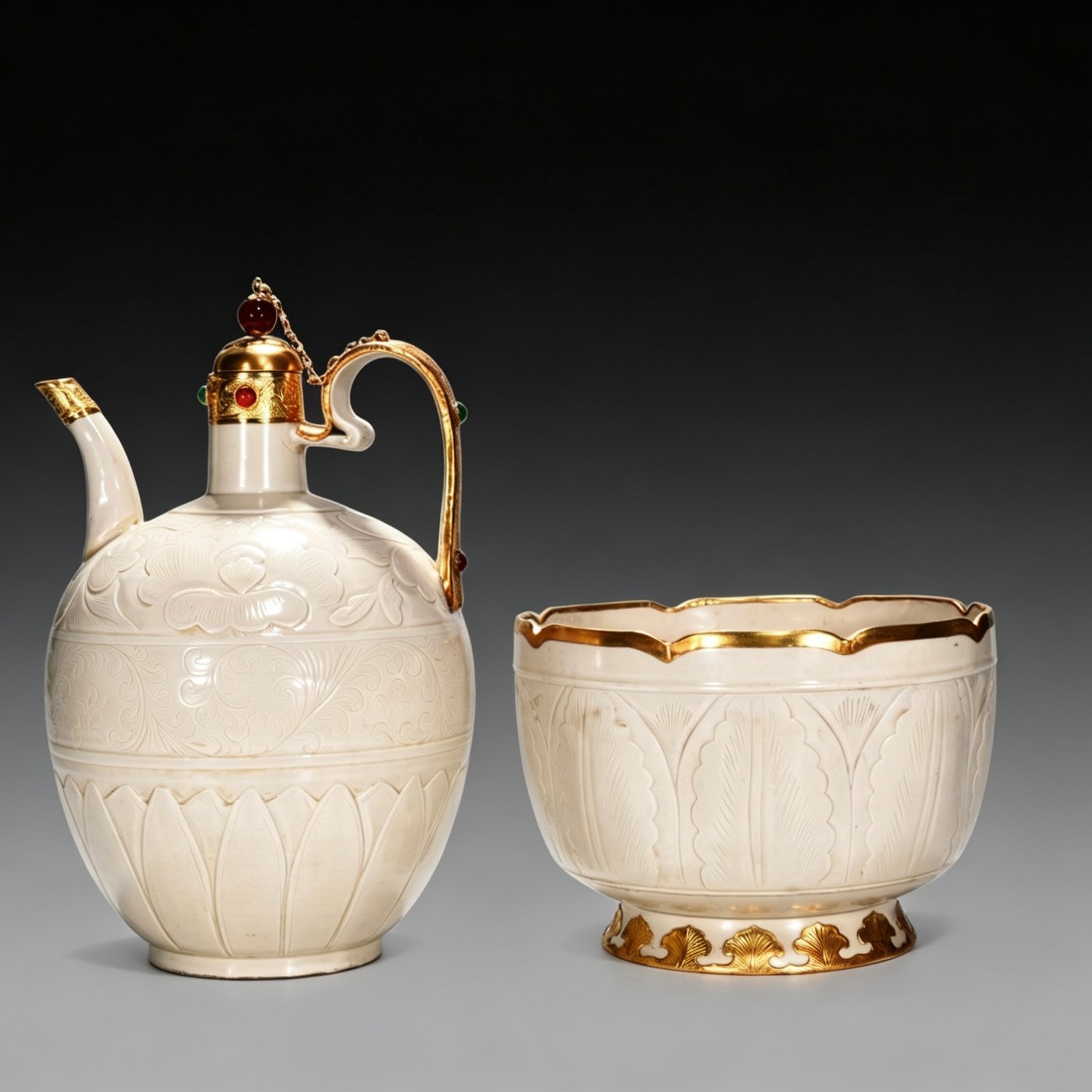 Song Dynasty Ding kiln white porcelain pot set with banana leaf pattern