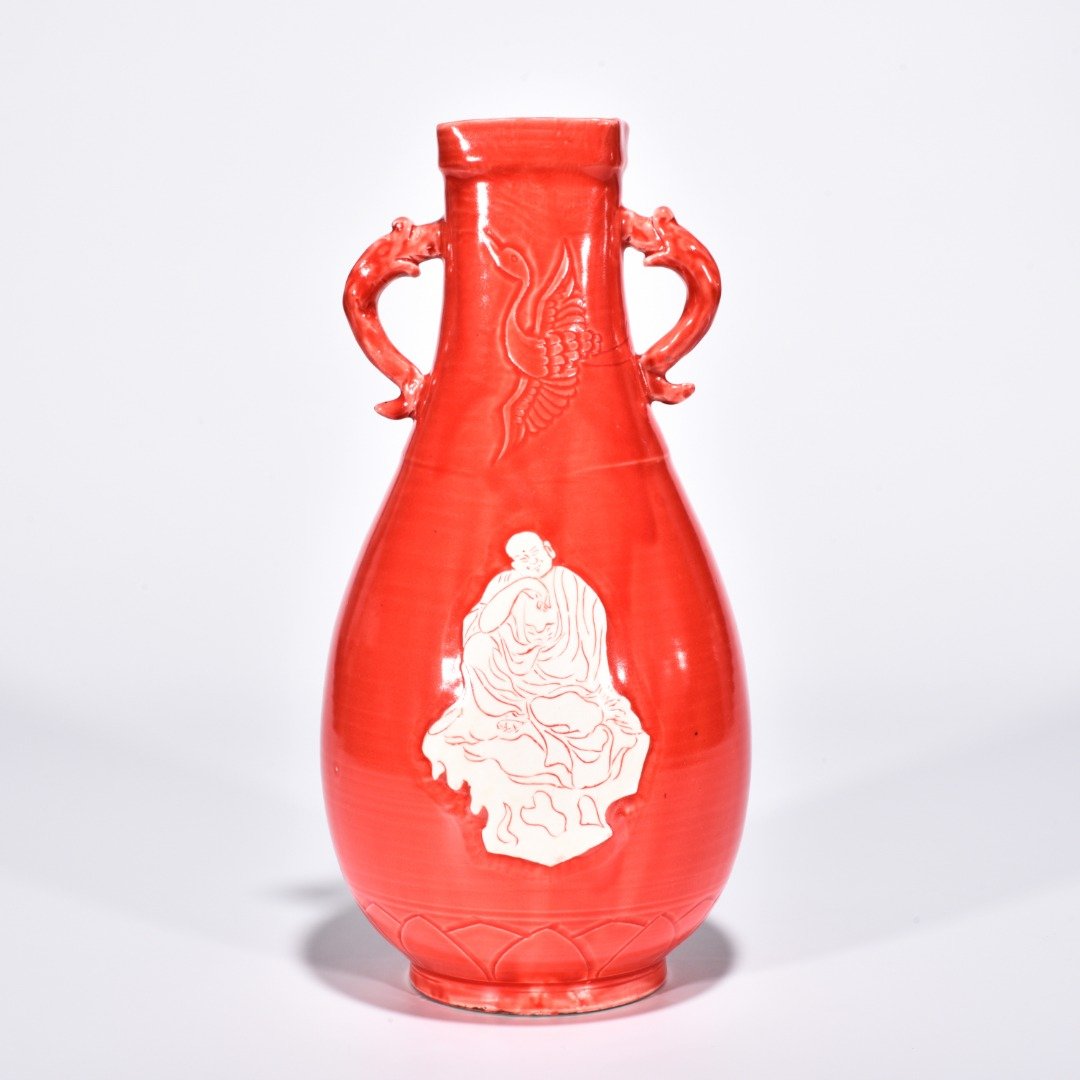 Song Dynasty Ding kiln red glaze engraved Arhat amphorae