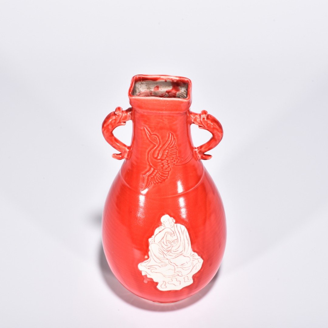 Song Dynasty Ding kiln red glaze engraved Arhat amphorae