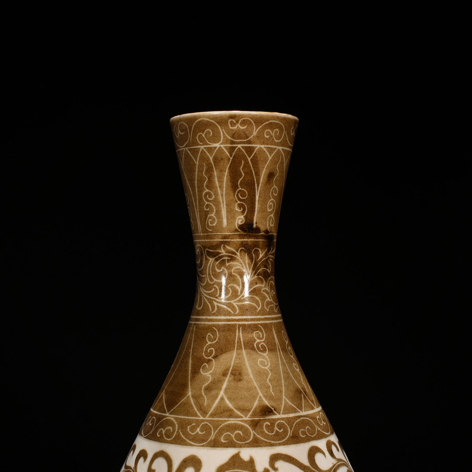 Song Dynasty Ding Kiln Brown Color Carved Buddha Figures with Twisted Branches Pure Vase