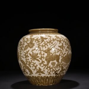 Song Dynasty Ding kiln brown color engraved jar with deer and crane pattern