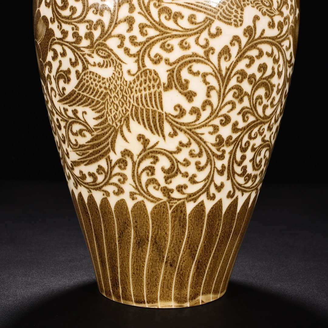 Song Dynasty Ding kiln brown color flower and phoenix pattern plum vase