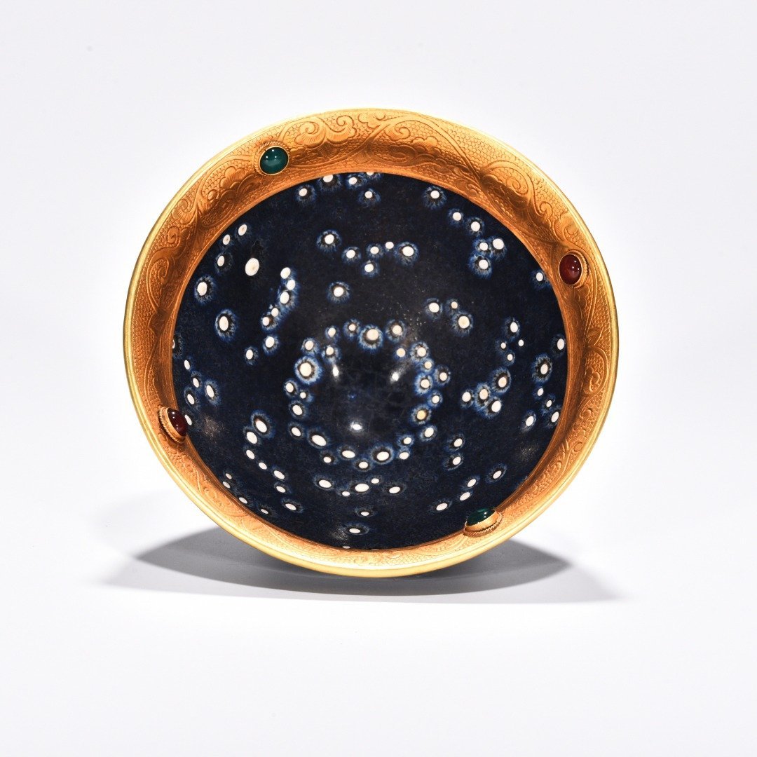 Song Dynasty Jianyao luminous celestial eye lamp engraved gilt and inlaid with gems