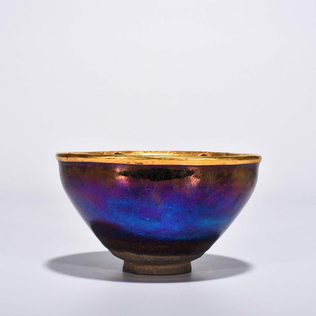 Song Dynasty Jianyao seven-color pearl-spotted glaze lamp gilt-engraved and inlaid with gems