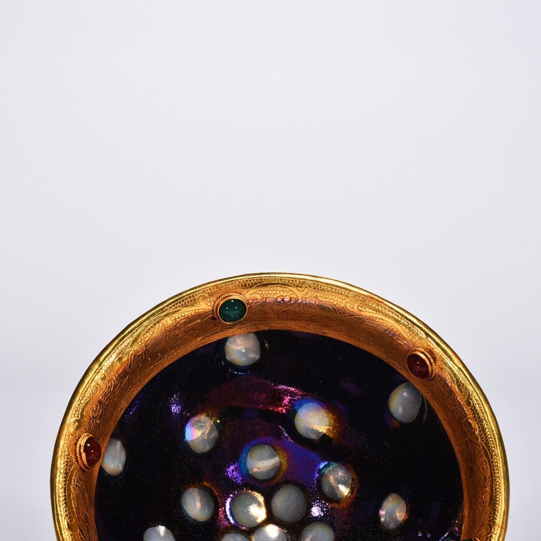 Song Dynasty Jianyao seven-color pearl-spotted glaze lamp gilt-engraved and inlaid with gems